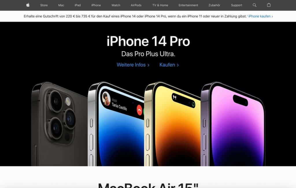 Der obere Teil der Startseite von Apple, als Beispielbild für eine barrierefreie Webseite