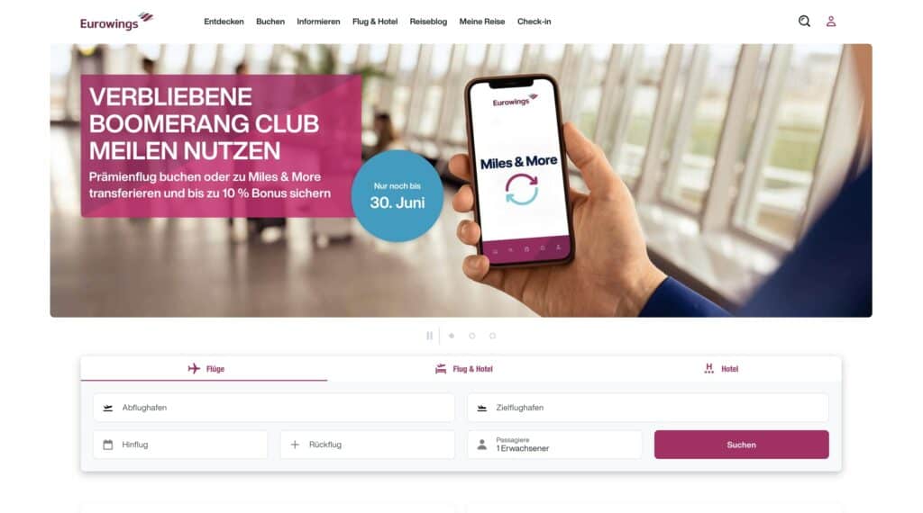 Der obere Teil der Startseite von Eurowings, als Beispielbild für eine barrierefreie Webseite