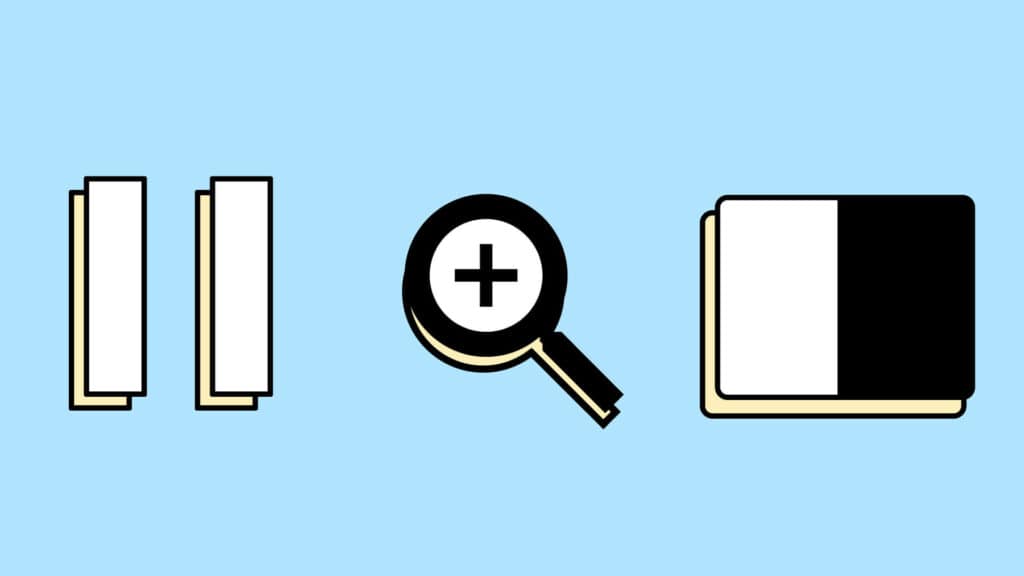 Man sieht eine Illustration einer Lupe, die Zoomen symbolisiert. Ein Stop-Symbol, das für das Anhalten von Videos steht und ein leeres und ein gefülltes Kästchen, was Kontrast symbolisiert.