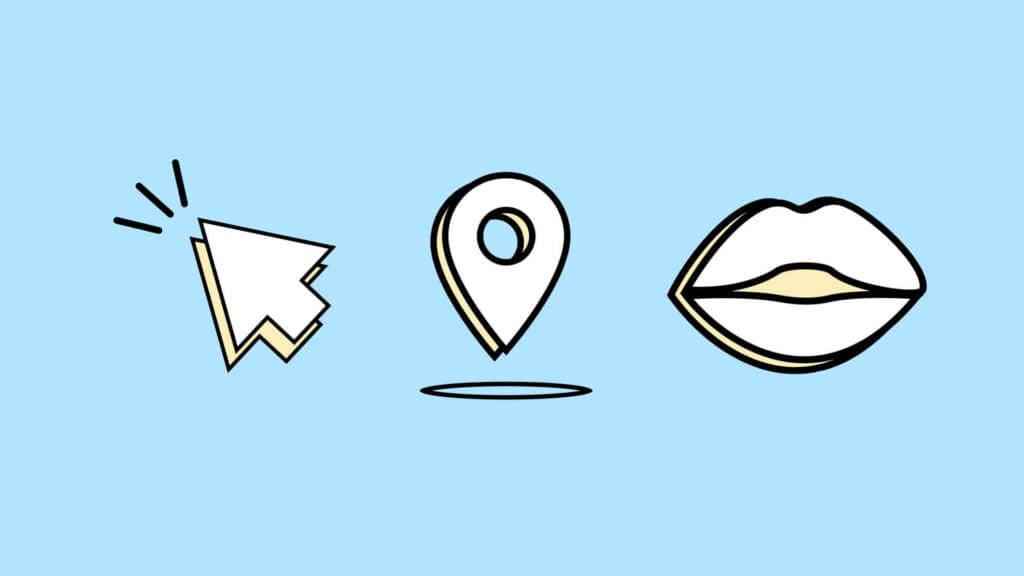 Drei Icons. Ein mal ein Mauszeiger. Ein mal ein Symbol für den Standort und als letztes ein Mund.
Diese Icons sollen verschiedene Funktionen symbolisieren, wie zum Beispiel klicken, Geo-lokalisierung und Sprachsteuerung.