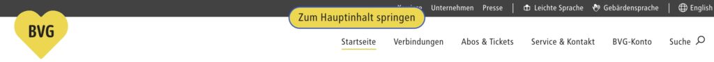 Screenshot des Skip-To-Content-Links der BVG-Startseite.