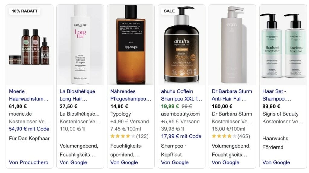 Die ersten 6 Google-Ergebnisse der Google-Anzeigen, wenn man nach Shampoo sucht.
