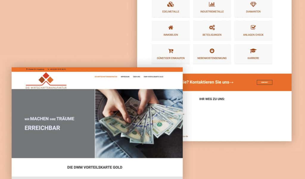 Die alte Webseite der Wirtschaftsmanufaktur. Man sieht ein sehr grelles Orange als Hauptfarbe und ein sehr unstrukturierter Aufbau.
