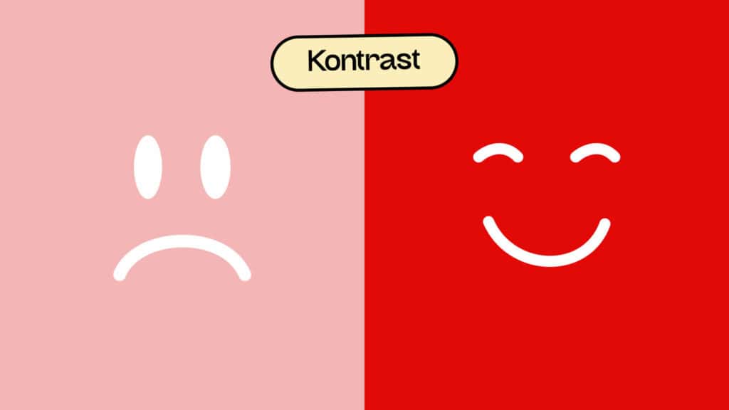 Text auf Bild: Kontrast. Es ist ein sehr hellrotes Feld zu sehen, auf dem ein trauriges Gesicht ist. Daneben ist ein sehr dunkelrotes Feld, auf dem das Wort lachendes Gesicht ist, das verdeutlicht, dass der Kontrast passt.