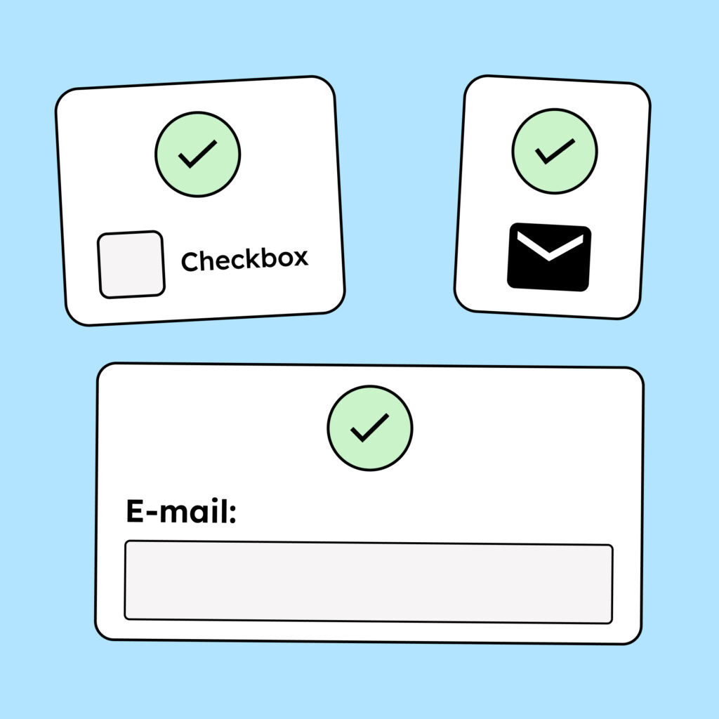 Drei grafische Bedienelemente: Eine Checkbox, ein Email-Icon und ein Inputfeld. Alle Elemente oder deren Rahmen haben einen ausreichend hohen Kontrast zum Hintergrund.