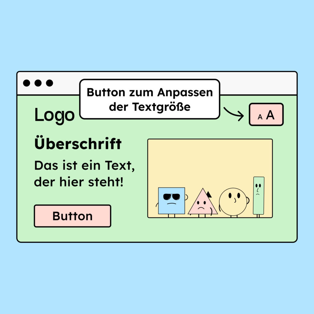 Illustration einer Webseite. Oben auf der Seite befindet sich ein Button, um die Textgröße anzupassen.