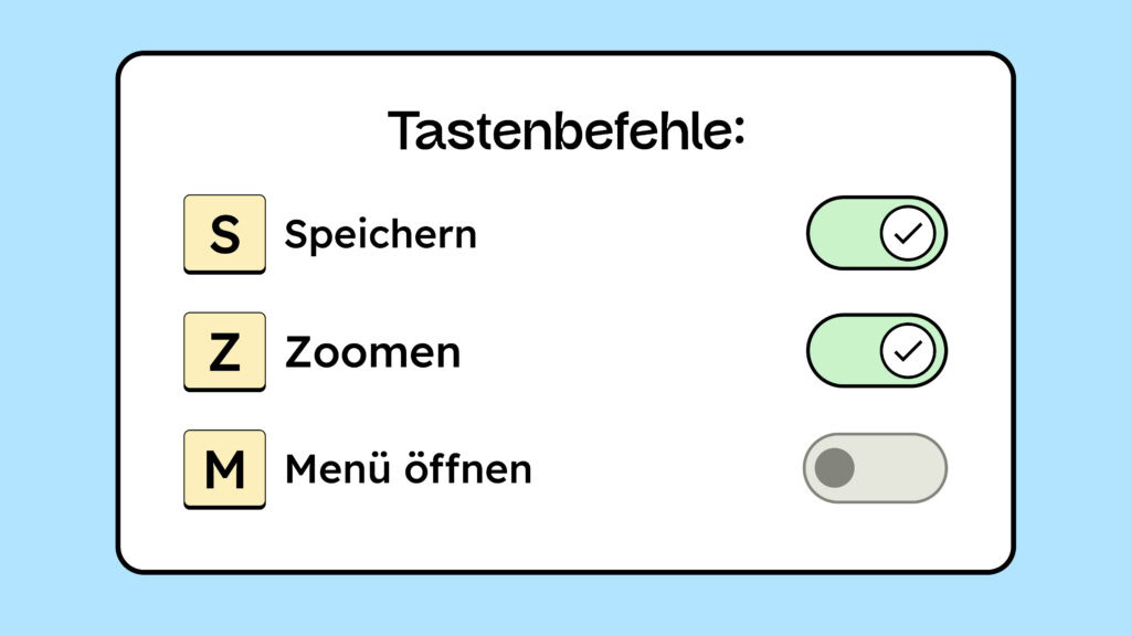 Einstellungen zu Tastenbefehlen, Illustration von den Tasten, S, Z und M. Daneben steht, wofür sie Kurzbefehle sind und ein Switch-Knopf, um sie an- und auszuschalten.