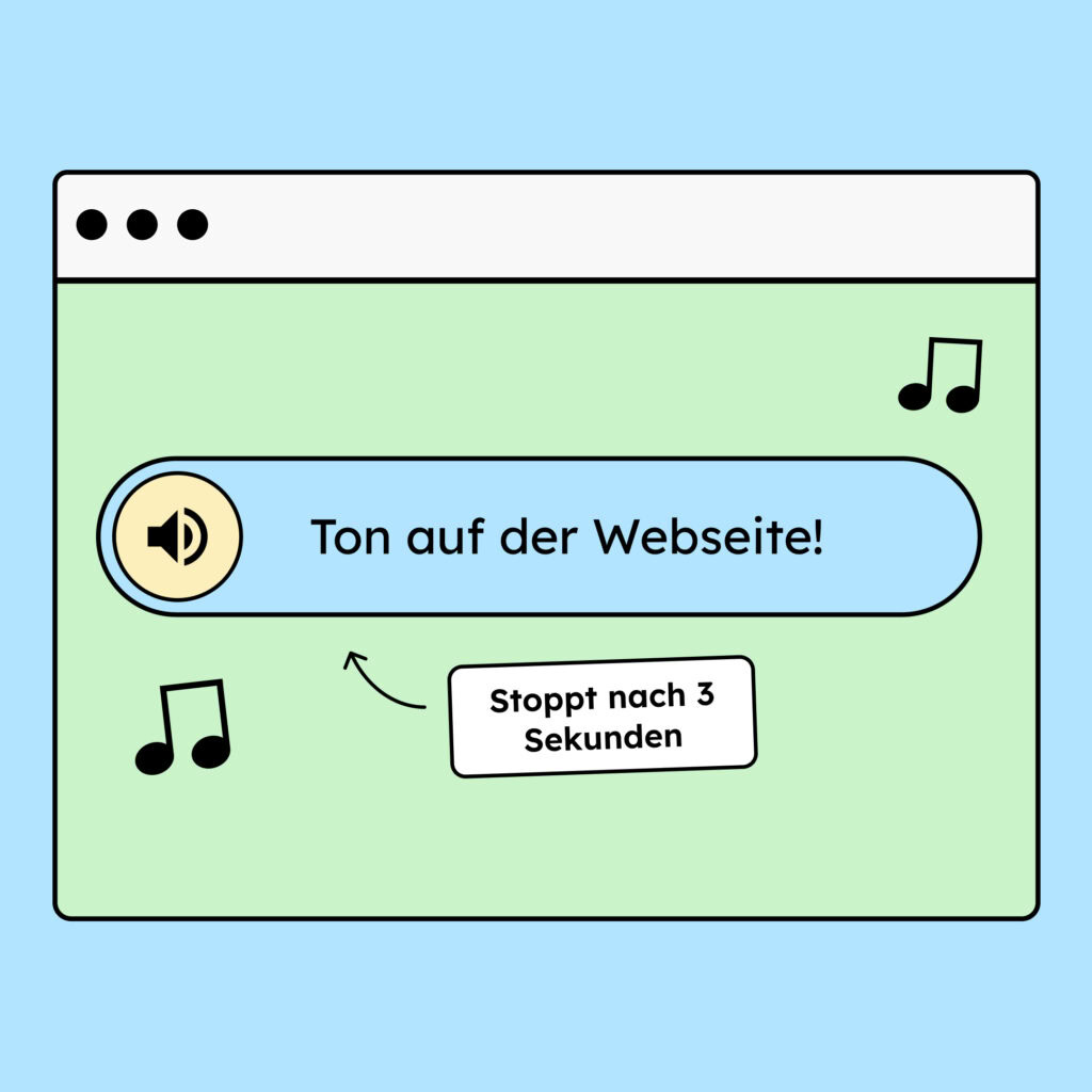 Eine Illustration einer Audiodatei auf einer Website. Die Audiodatei läuft, man kann sie nicht stoppen, aber sie stoppt von selbst nach drei Sekunden.