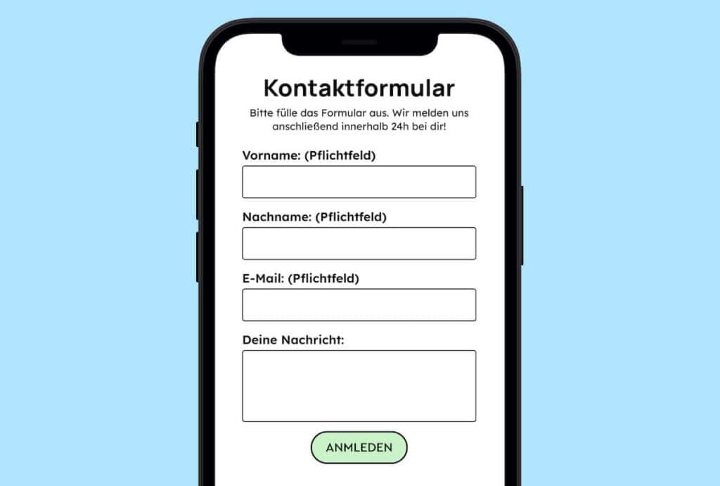 Wieder das gleiche Formular. Diesmal haben die Beschriftungen der Felder, wie zum Beispiel Vorname ein Angabe dahinter, die "Pflichtfeld" besagt.