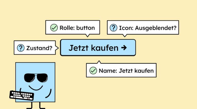 Ein Button, auf dem jetzt kaufen steht, mit Informationen aus dem Accessibility-Tree, die ein Entwickler wissen muss.