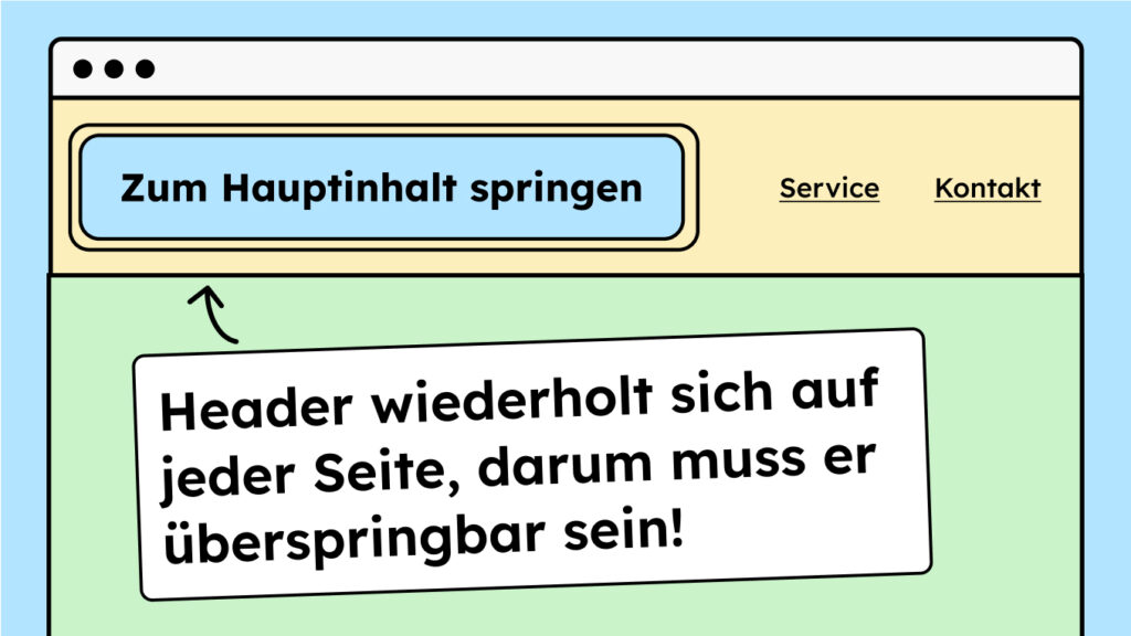 Ein Beispiel von einem Sprunglink, der in einem Header angezeigt wird und mir ermöglicht direkt zum Hauptinhalt zu springen.