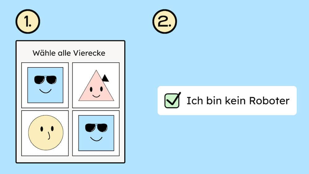 Eine Illustration von einem CAPTCHA, bei dem man Bilder auswählen muss. Daneben ist eine alternatives CAPTCHA, bei dem man anhackt, dass man kein Roboter ist.