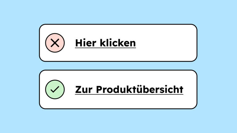 Ein Fehler-Symbol mit einem Link rechts daneben der heißt „Hier klicken“. Darunter ein Bestätigungs-Symbol mit einem Link rechts daneben der heißt „zur Produktübersicht“.