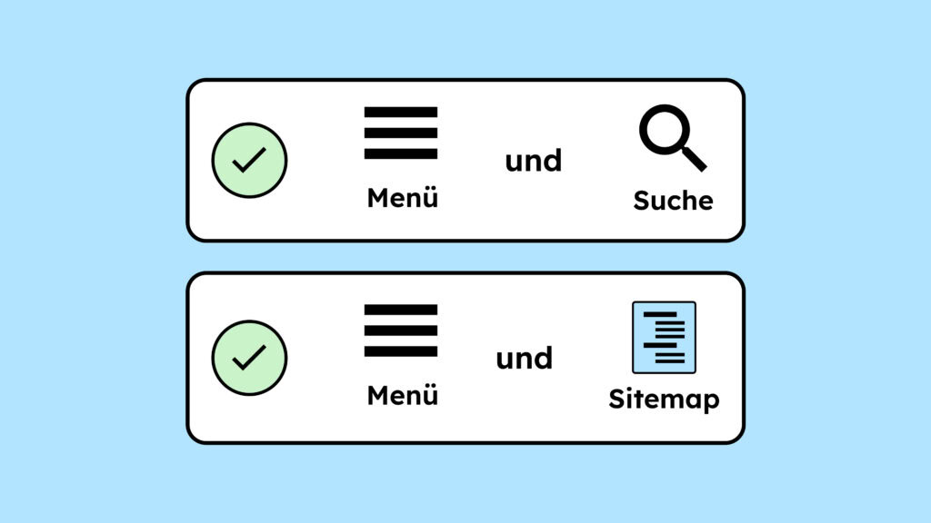 Illustration von einem Menü-Symbol und einem Lupen-Symbol. Darunter noch ein Menü-Symbol und ein Sitemap-Symbol. Beide sind mit einem grünen Haken versehen.