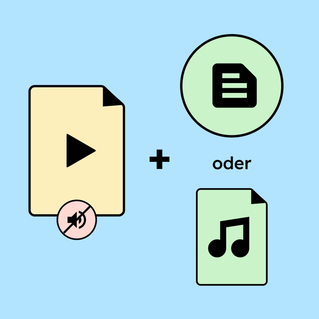 Eine Illustration einer stummen Videodatei plus entweder einer Textdatei oder einer Audiodatei.