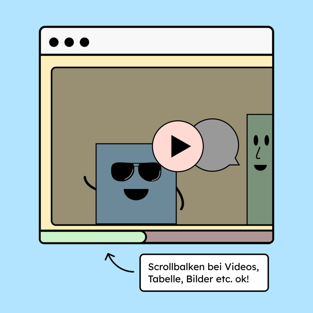Ein Video mit horizontalem Scrollbalken. Dazu der Text: Scrollbalken bei Videos, Tabelle, Bilder etc. ok!