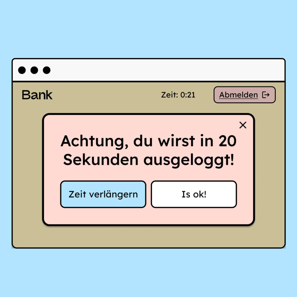 Illustration eines Modals, das den Nutzer warnt, dass er in 20 Sekunden ausgeloggt wird.