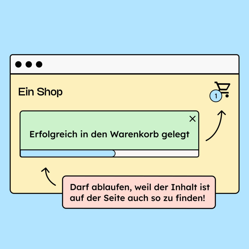 Illustration einer Website eines Onlineshops. Eine Meldung mit einem ablaufenden Balken sagt: Erfolgreich in den Warenkorb gelegt. Zusätzlich erhält man diese Information über die Zahl 1 rechts oben neben dem Warenkorb-Icon.