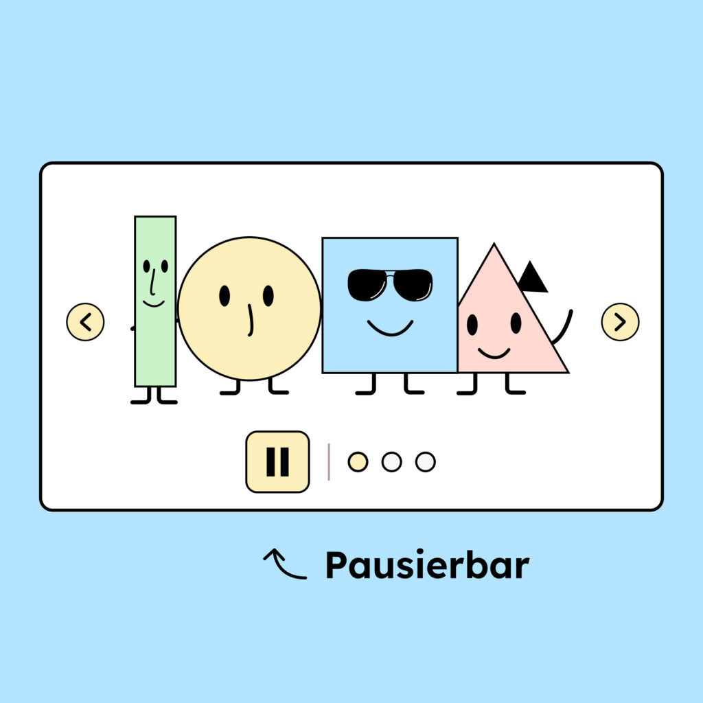 Eine Illustration von einem Slider auf einer Webseite. Der Slider hat ein Pause-Knopf, um ihn anzuhalten.