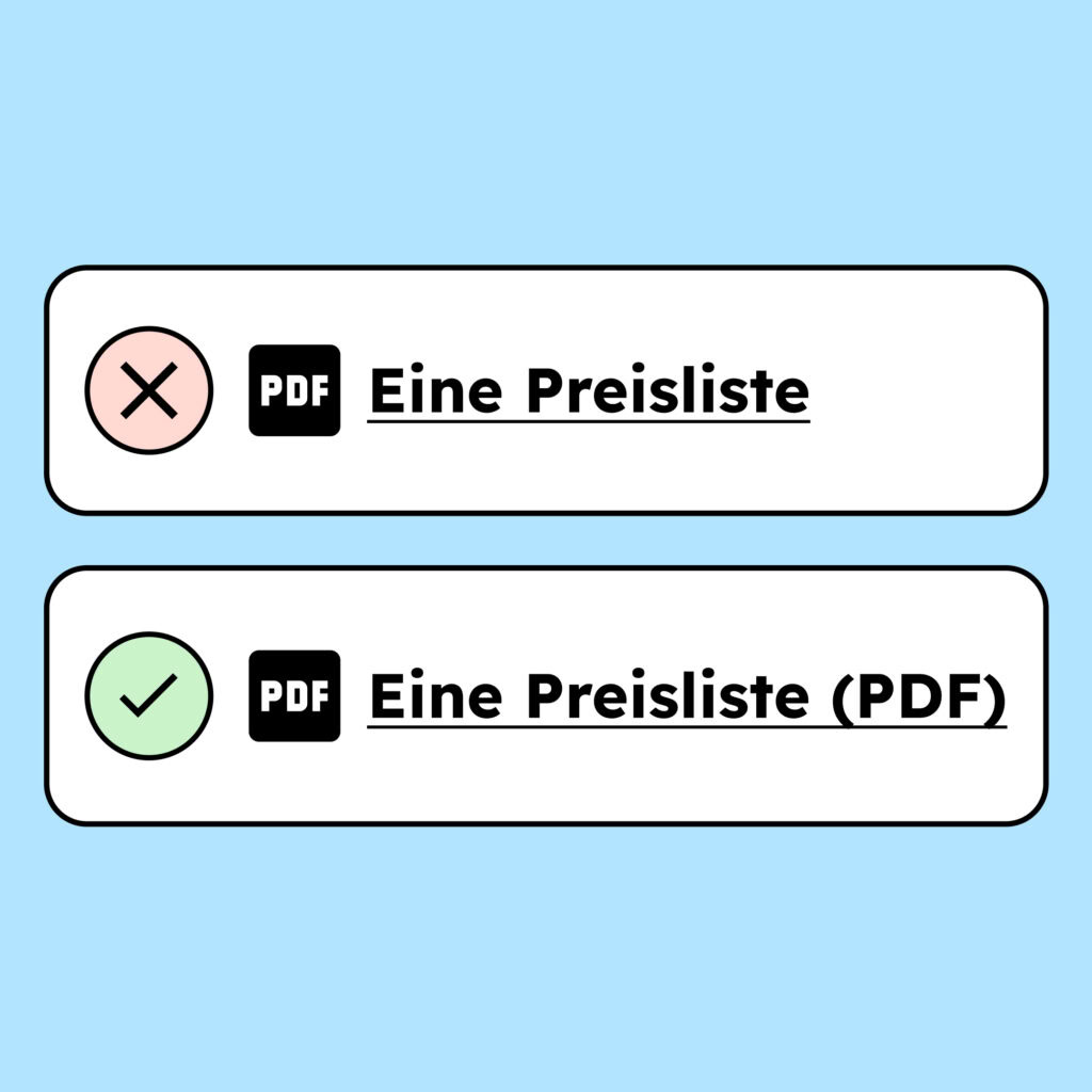 Fehler-Symbol und ein Link mit einem Icon, darunter ein Bestätigungs-Symbol und ein Link mit einem Icon, dieser Link hat die Ergänzung PDF dabei stehen.