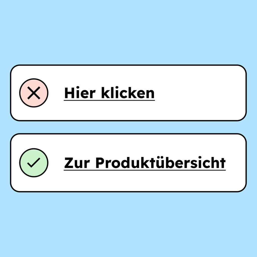 Ein Fehler-Symbol mit einem Link rechts daneben der heißt „Hier klicken“. Darunter ein Bestätigungs-Symbol mit einem Link rechts daneben der heißt „zur Produktübersicht“.