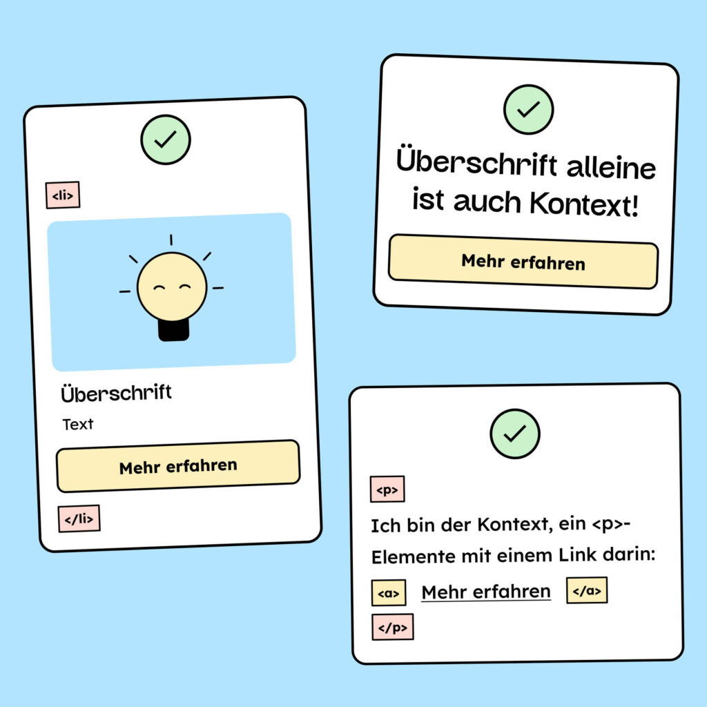 Hier sind drei Beispiele abgebildet, wie ein Link im Kontext auch ohne aussagekräftigen Namen genutzt werden darf. Ein Link als Teil einer Liste, ein Link, der unter einer Überschrift steht und ein Link als Teil eines Paragraphen, der den nötigen Kontext liefert.