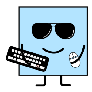 Ein blaues Viereck mit Sonnenbrille und einem Mund. Es hat eine Maus und eine Tastatur in der Hand. Es symbolisiert Entwicker*innen.