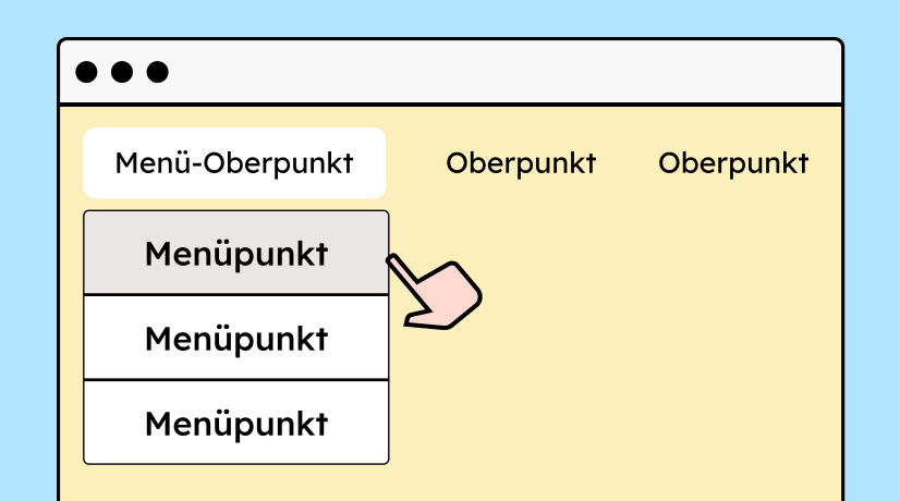 Illustration von einer Navigation. Ein Menü-Punkt hat ein Untermenü, welches ausgeklappt ist. Ein Mauszeiger hovert über den obersten Menü-Punkt.