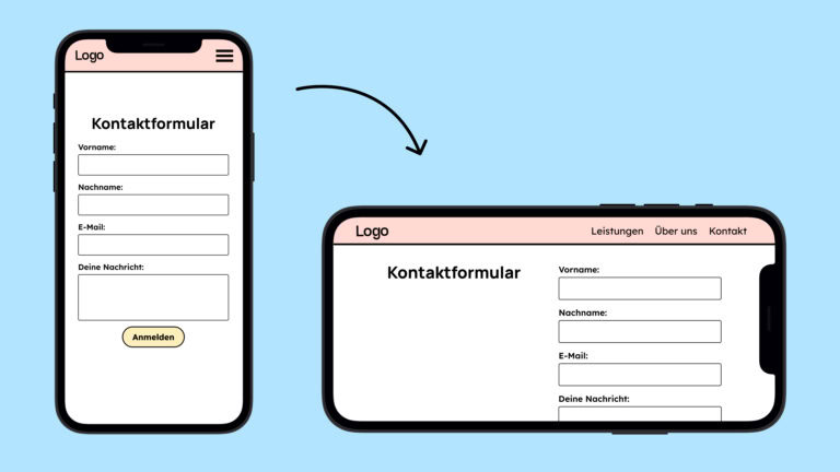 Zwei Illustrationen von einem Handy. Ein mal steht es und ein mal liegt es. Darin ist ein Kontaktformular gezeigt, dass seine Anordnung ändert, wenn das Handy anders gehalten wird.
