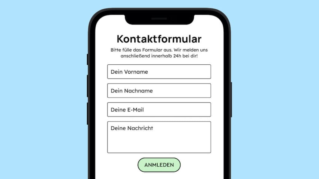 Ein Handy, das eine Seite mit einem Kontaktformular zeigt. Das Formular hat vier Felder: "Dein Vorname, dein Nachname, deine E-Mail, deine Nachricht."
Das Formular ist nicht barrierefrei, weil es zum Beispiel keine Labels hat.