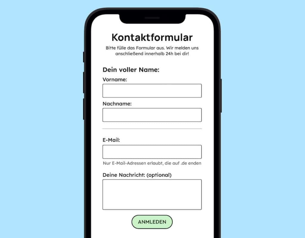 Das Formular hat eine Gruppierung bekommen. Die Legende der Gruppierung ist: Dein voller Name. Darunter sind die Felder Vorname und Nachname. Dann kommt eine Trennlinie und es folgt der Rest des Formulars.
