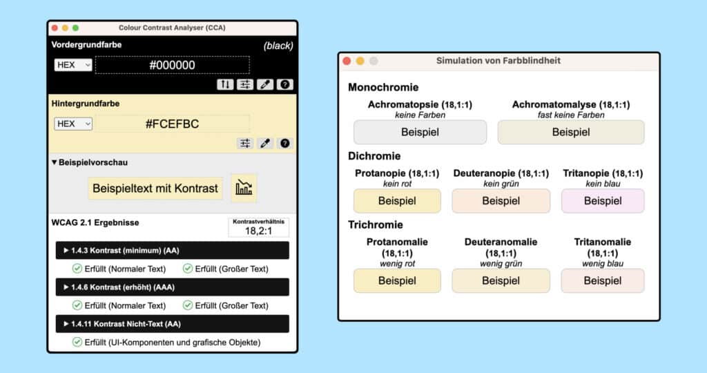 Der Colour Contrast Analyzer kann nicht nur Kontrastverhältnisse ermitteln, sondern auch Sehschwöchen simmulieren. 