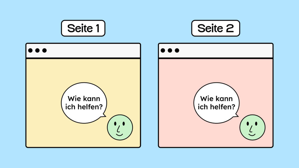 Es sind zwei Screens zu sehen. Bei dem Ersten ist unten rechts eine Hilfe in Form von einem Gesicht mit Sprechblase abgebildet, in der Sprechblase steht "Wie kann ich helfen?". Der Screen wird dann genau so noch mal wiederholt, um zu verdeutlichen, dass die Hilfe an der gleichen Stelle bleiben soll.