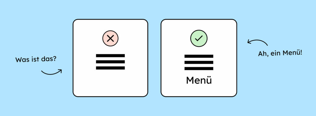 Zwei Icons eines Menüs. Ein mal mit dem Schriftzug Menü darunter und ein mal ohne.