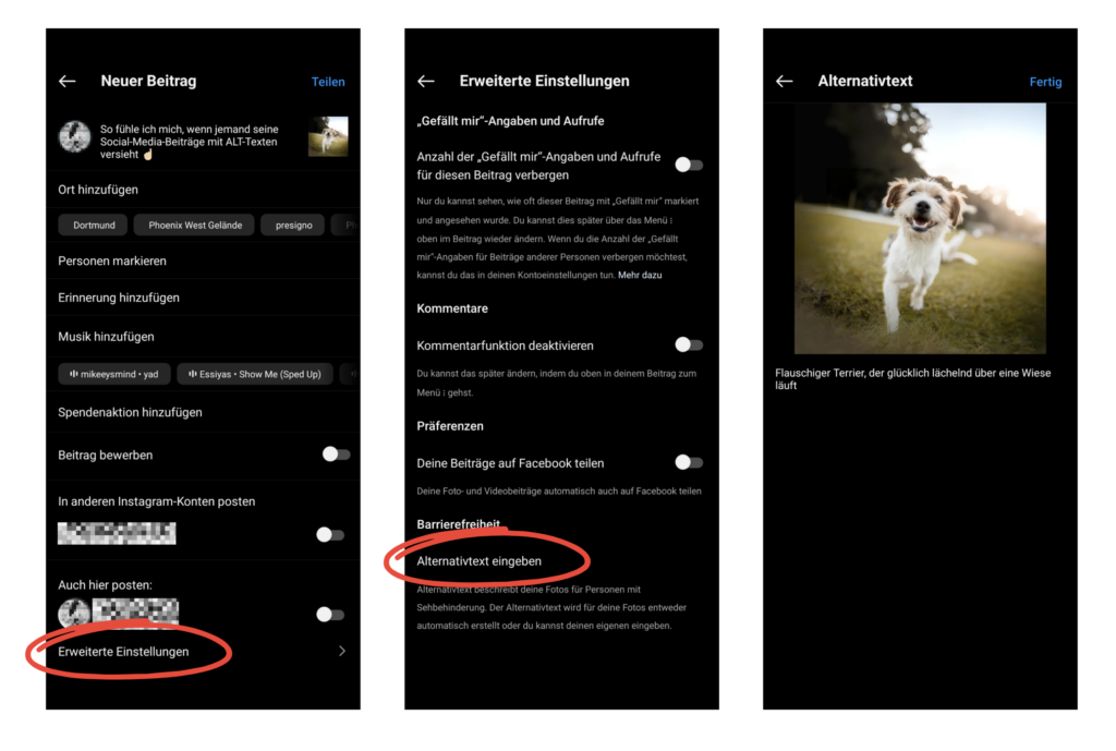 Screenshots vom Upload von Bildern bei Instagram.
