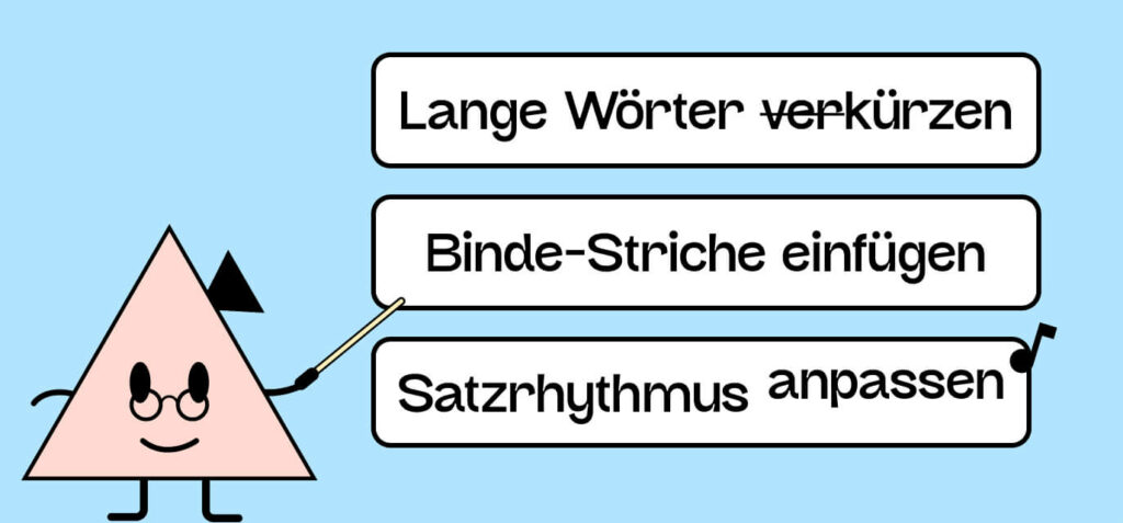 Eine Illustration einer Lehrerin, die auf etwas zeigt, mit einem Stab. Daneben stehen noch mal die drei Fragen zu Leichter Sprache aus der Liste oben.