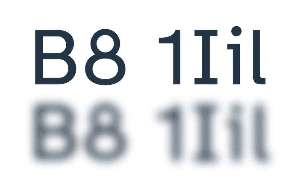 Buchstaben der Schriftart: Atkinson Hyperlegible. Ein mal sind sie klar und ein mal verschwommen. Das Bild soll zeigen, dass man die Buchstaben auch verschwommen gut voneinander unterescheiden kann.