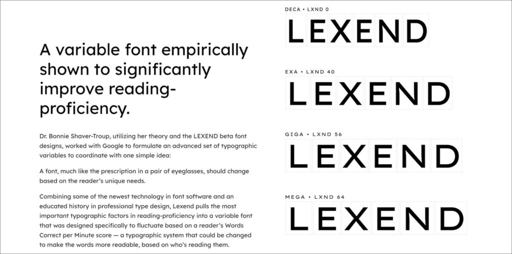 Screenshot der Website der Schrift Lexend mit den unterschiedlichen Schriftschnitten der Schrift.