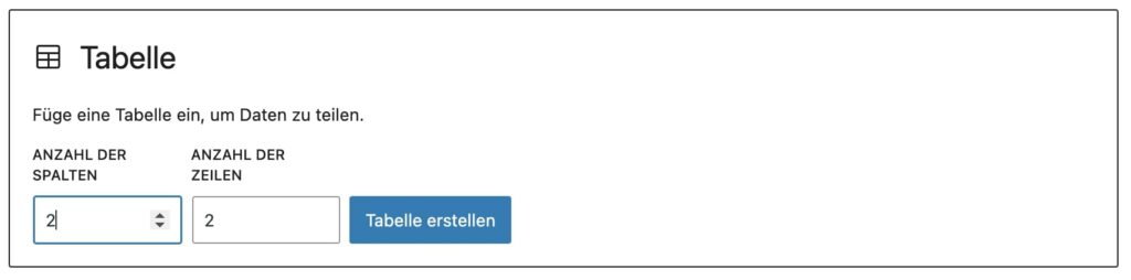 Das Menü in WordPress, um eine Tabelle zu erstellen.