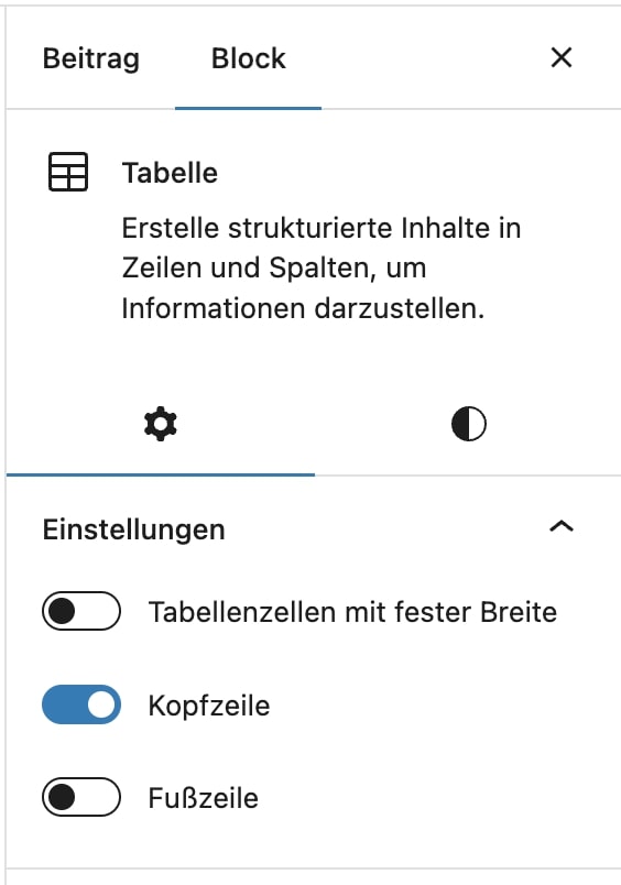 Das Menü in WordPress, um bei einer Tabelle weitere Einstellungen zu machen.