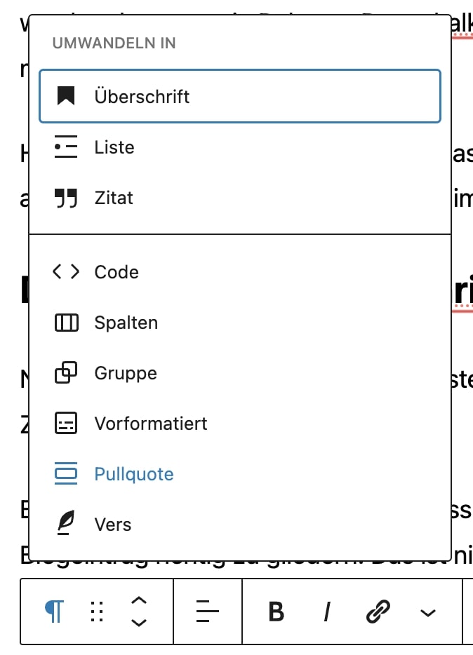 Die Liste des WordPress-Menüs, wenn man den Paragrafen zu etwas anderem, wie einer Überschrift machen will.