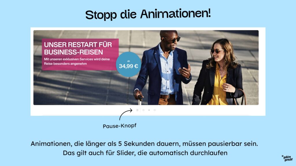 Stopp die Animationen! Ein Slide von Eurowings mit einem Pauseknopf. Animationen, die länger als 5 Sekunden dauern, müssen pausierbar sein. Das gilt auch für Slider, die automatisch laufen.