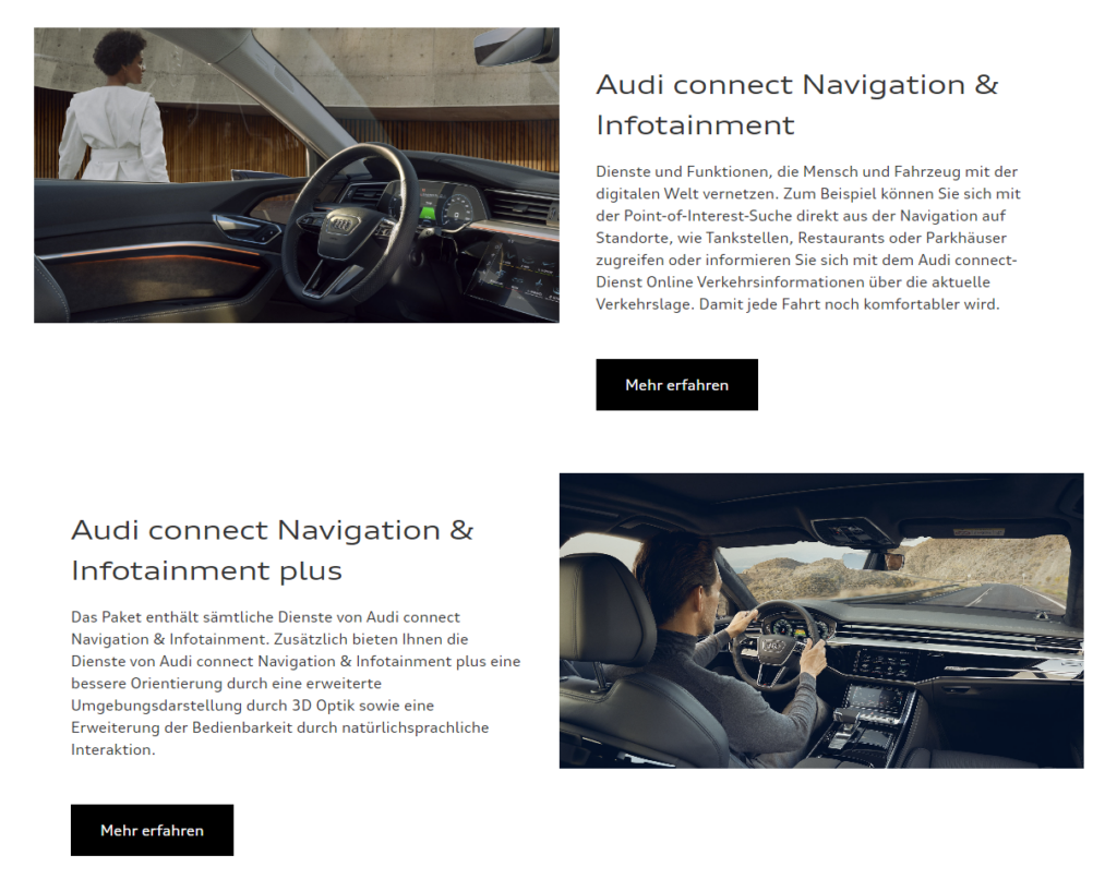 Ein Screenshot der Audi Website. Es sind zwei Buttons zu sehen, die jeweils mit dem Linktext "Mehr erfahren" verlinkt werden.