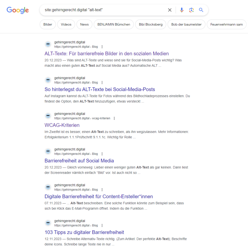 Ein Screenshot des Suchergebnis für "site:gehirngerecht.digital "alt-text"". Zu sehen sind Ergebnisse, in denen dieser Text im Content vorkommt.