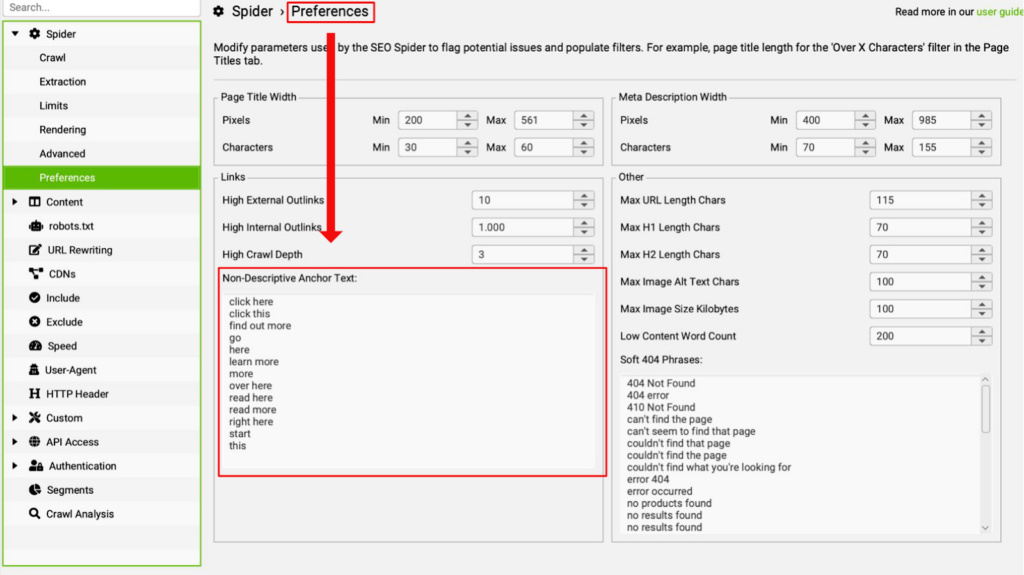 Ein Screenshot aus der Benutzeroberfläche des Screaming Frog SEO Spider. Ausgewählt sind die Einstellungen für den Spider unter Preferences. Im unteren Bildbereich ist ein Bereich markiert, der "non-descriptive Anchor Text" heißt. Der Bereich ist mit Formulierungen wie "click here" vorausgefüllt.