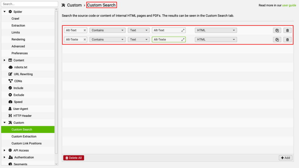 Ein Screenshot aus der Benutzeroberfläche des Screaming Frog SEO Spider. Ausgewählt sind die Einstellungen für den Spider unter Preferences. Im unteren Bildbereich ist ein Bereich markiert, der "non-descriptive Anchor Text" heißt. Der Bereich ist mit Formulierungen wie "click here" vorausgefüllt.