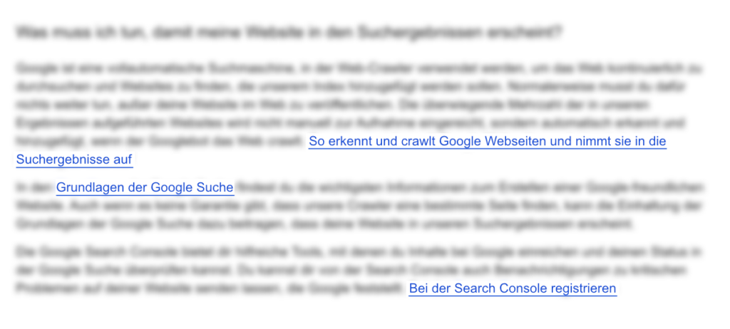 Ein Screenshot eines Abschnitts im Google Artikel zu SEO Grundlagen. Der Umgebungstext ist verschwommen und die Linktexte sind erkennbar. Die sichtbaren Linktexte lauten "So erkennt und crawlt Google Webseiten und nimmt sie in die Suchergebnisse auf", "Grundlagen der Google Suche" und "Bei der Search Console registrieren".