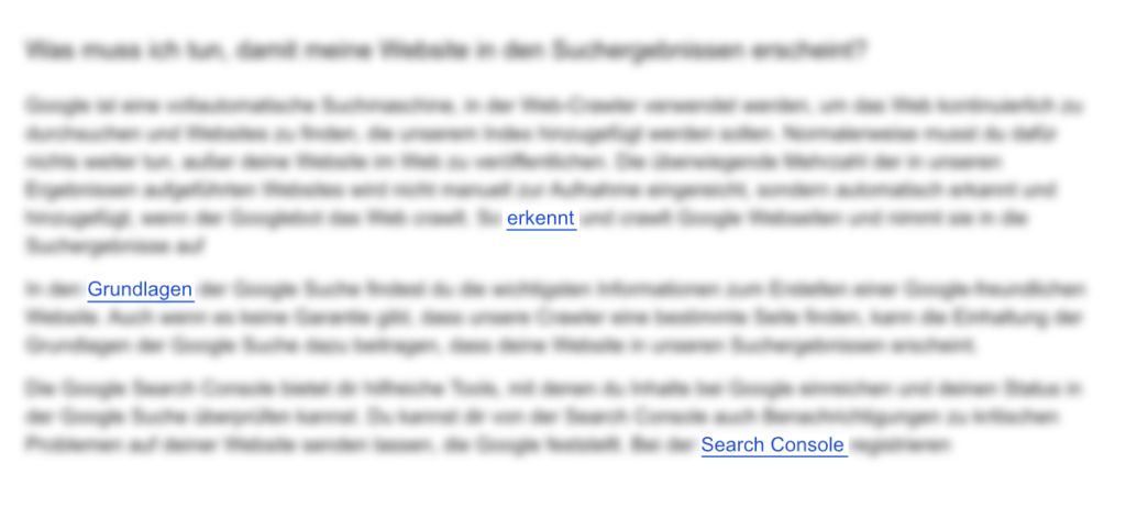 Ein Screenshot eines Abschnitts im Google Artikel zu SEO Grundlagen. Der Umgebungstext ist verschwommen und die Linktexte sind erkennbar. Die sichtbaren Linktexte lauten "erkennt", "Grundlagen" und "Search Console".