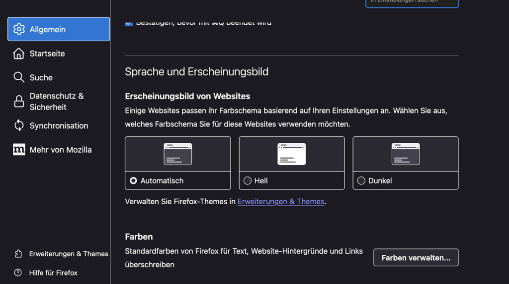 Screenshot vom Dunkel-Modus in Firefox.