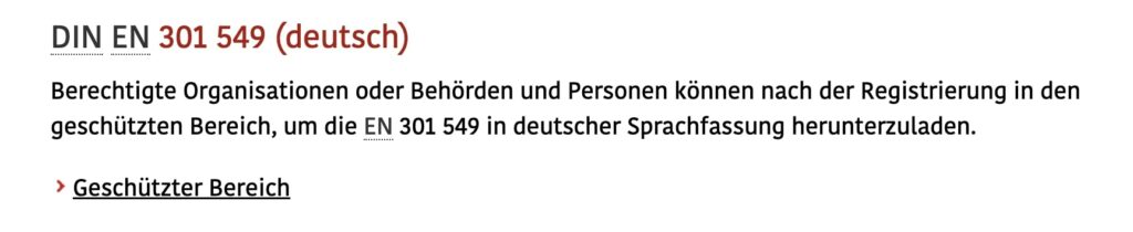 Screenshot der Seite der Bundesüberwachungsstelle der Barrierefreiheit. Die DIN EN Norm ist nur über den geschützten Bereich zu erreichen.